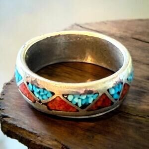 Vintage Navajo Style Inlay Ring Turquoise & Coral Band Size 6 Boho Southwestern
